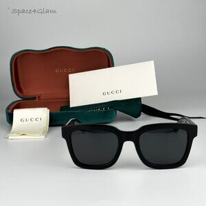 Gucci Men Sunglasses GG0001SN 001 Shiny Black Smoke Grey Square NEW